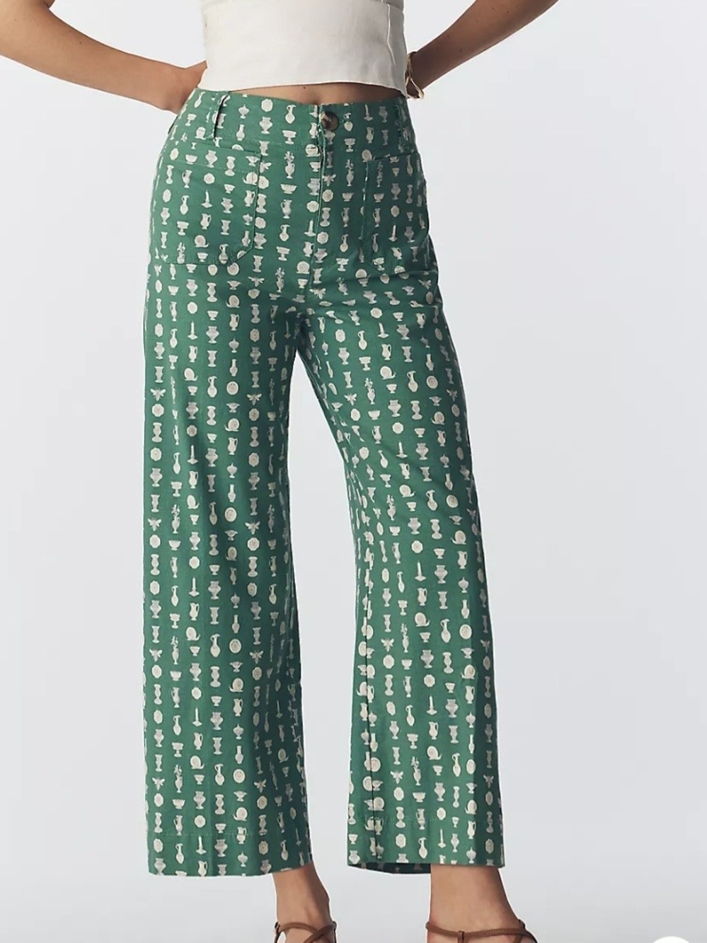 Maeve Green Motif Wide-Leg Pants with Front Patch Pockets
